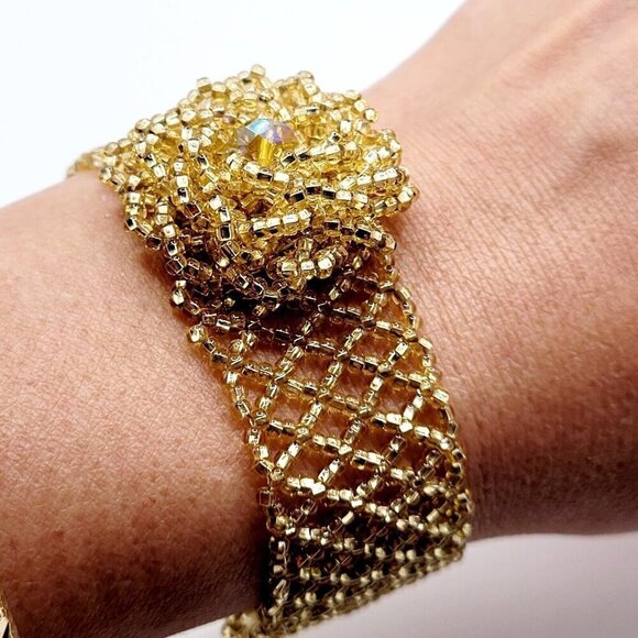 Artisan Hand Beaded Netted Bracelet With Flower Focal Silver Lined Gold Beads - Picture 3 of 6